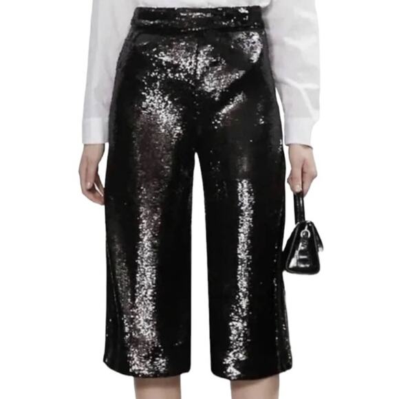 NWT MAJE PANTS WHIMSIGOTH FAIRY GRUNGE EDGY BLACK SEQUIN CROPPED PANTS WIDE LEG - Picture 3 of 11